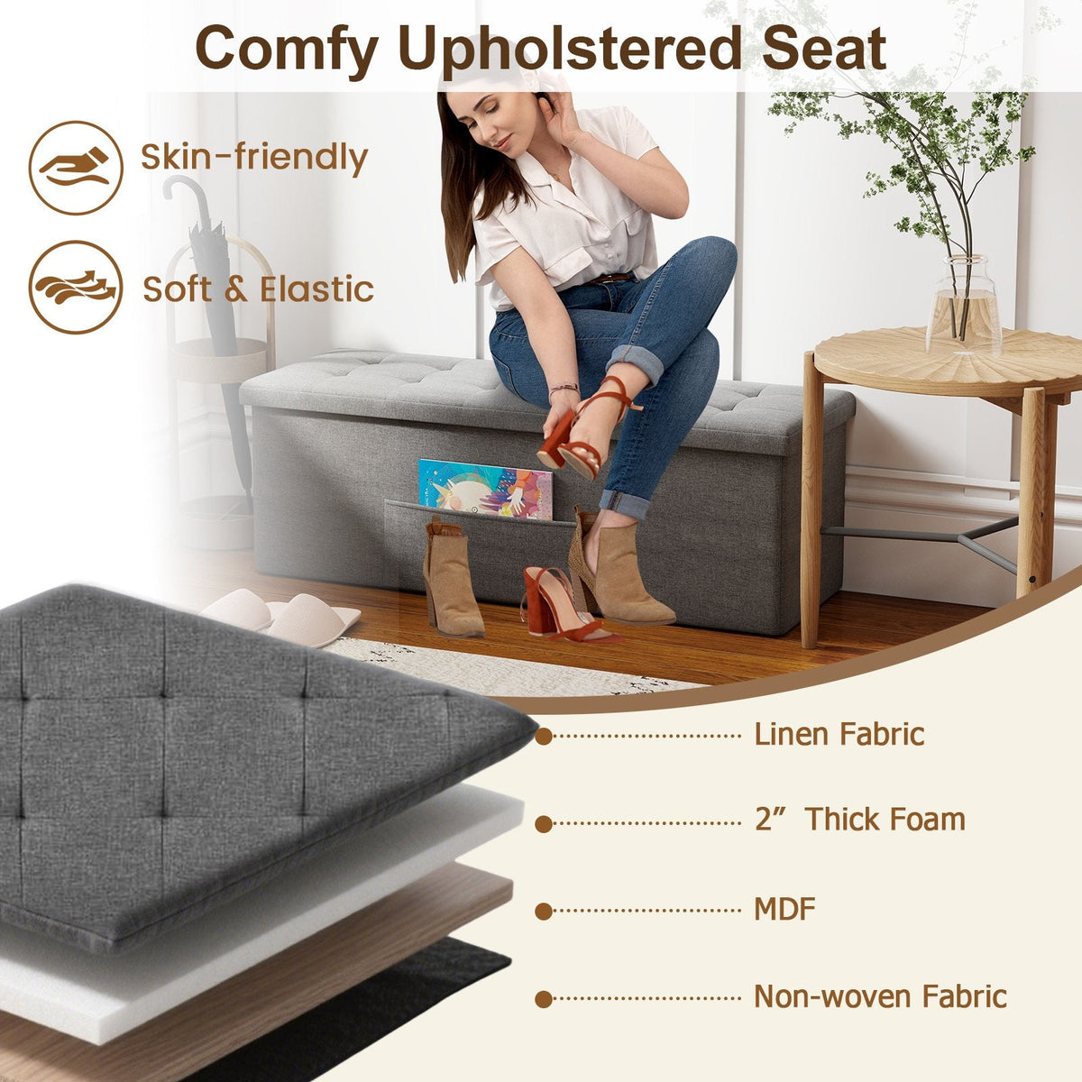 Fabric Folding Storage with Divider Bed End Bench-Dark Gray