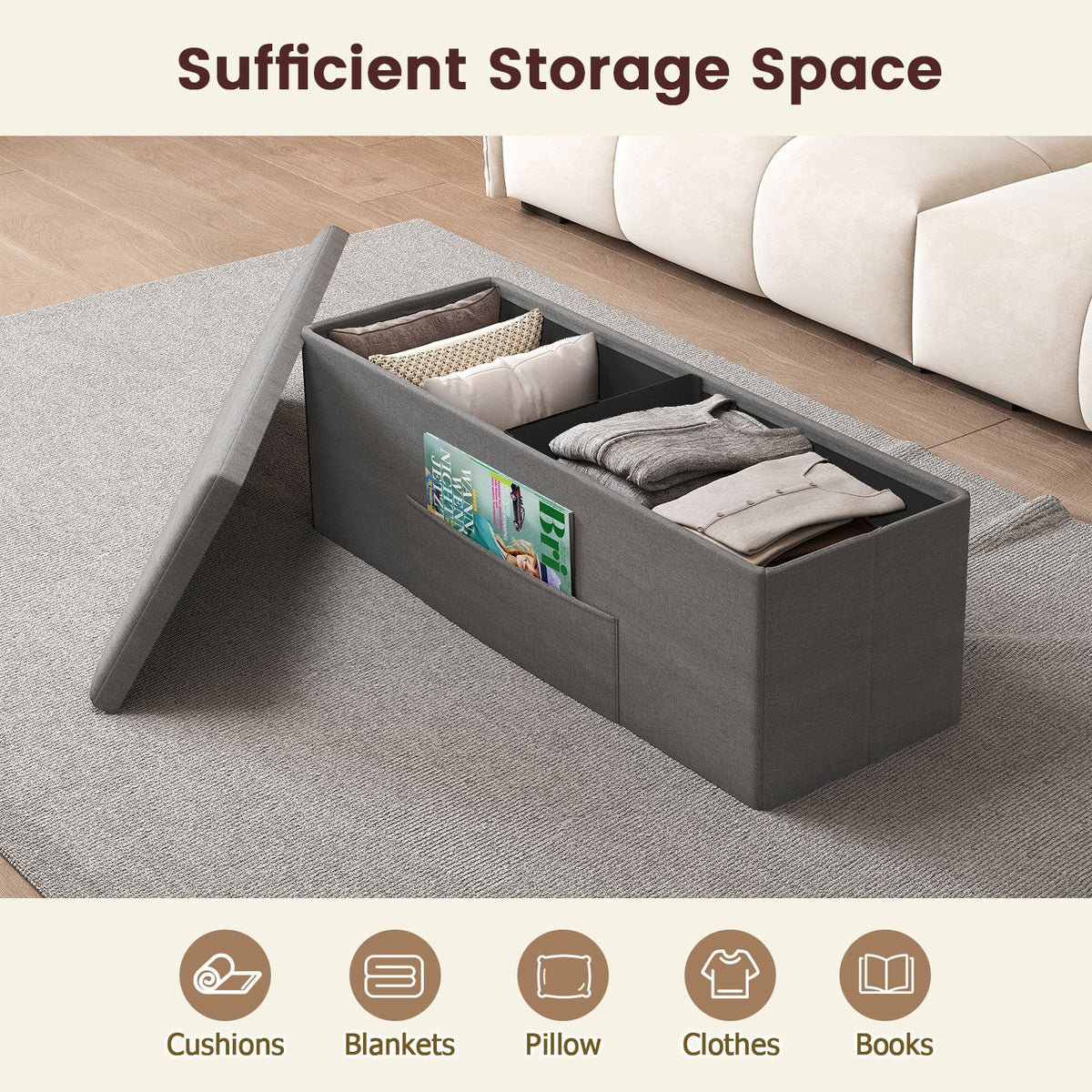 Fabric Folding Storage with Divider Bed End Bench-Dark Gray
