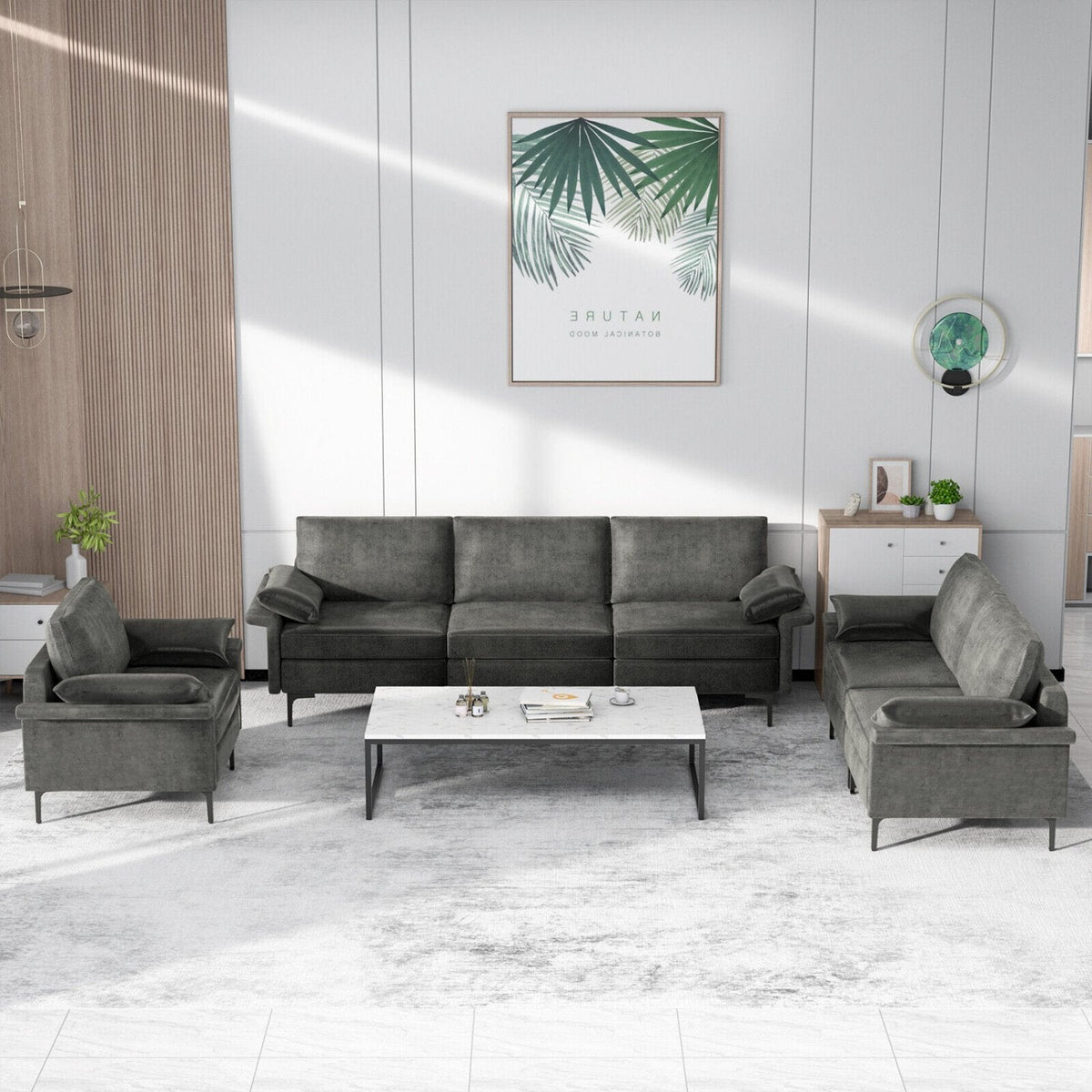 100.5 in 3 Seat Modular Sofa in Charcoal Linen, 30 in Deep, 660 lb Per Seat, Ships in Three Boxes