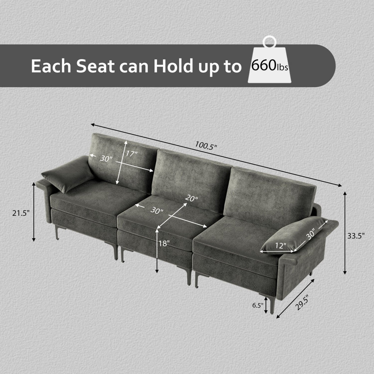 100.5 in 3 Seat Modular Sofa in Charcoal Linen, 30 in Deep, 660 lb Per Seat, Ships in Three Boxes