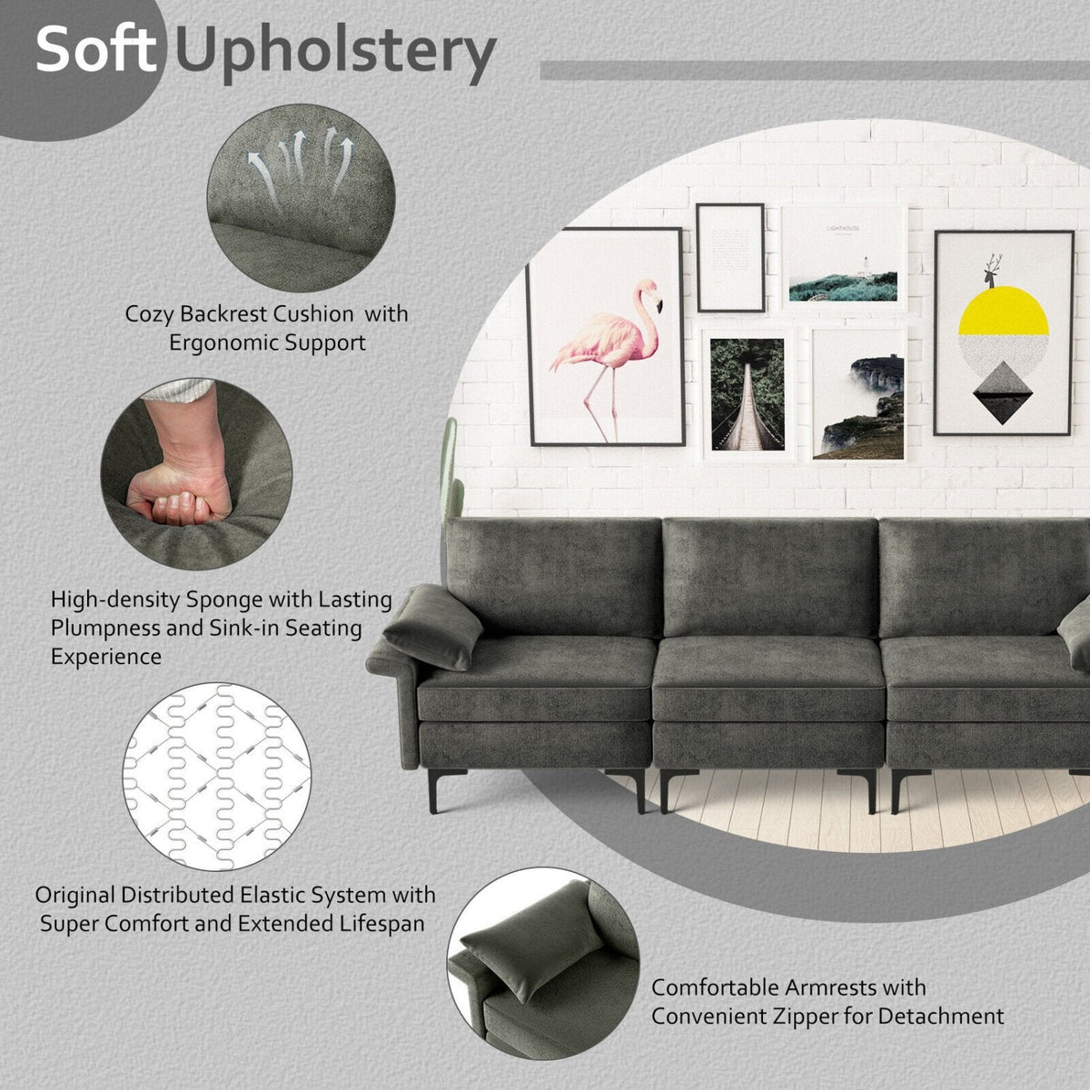 100.5 in 3 Seat Modular Sofa in Charcoal Linen, 30 in Deep, 660 lb Per Seat, Ships in Three Boxes
