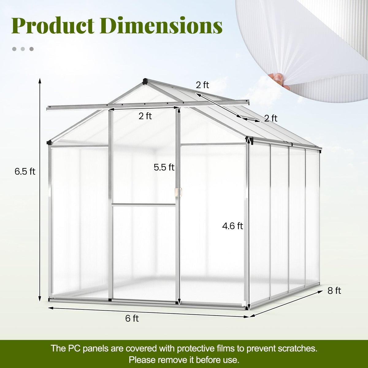 Large Walk-in Green House with Rain Gutters and Polycarbonate Panels-8 FT