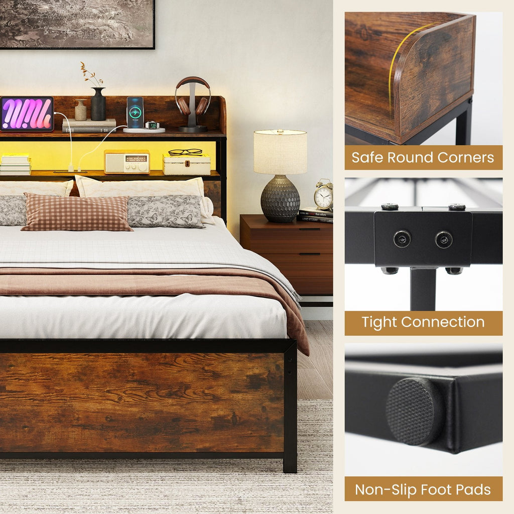LED Bed Frame with Power Outlets and Storage Headboard-Full Size