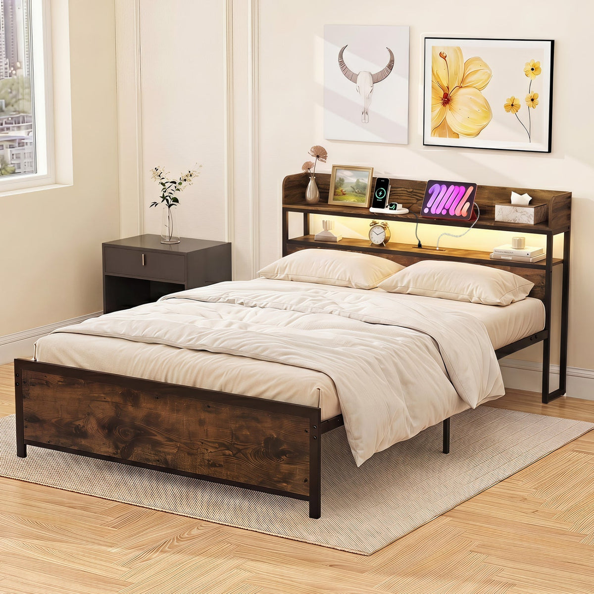 LED Bed Frame with Power Outlets and Storage Headboard-Queen Size