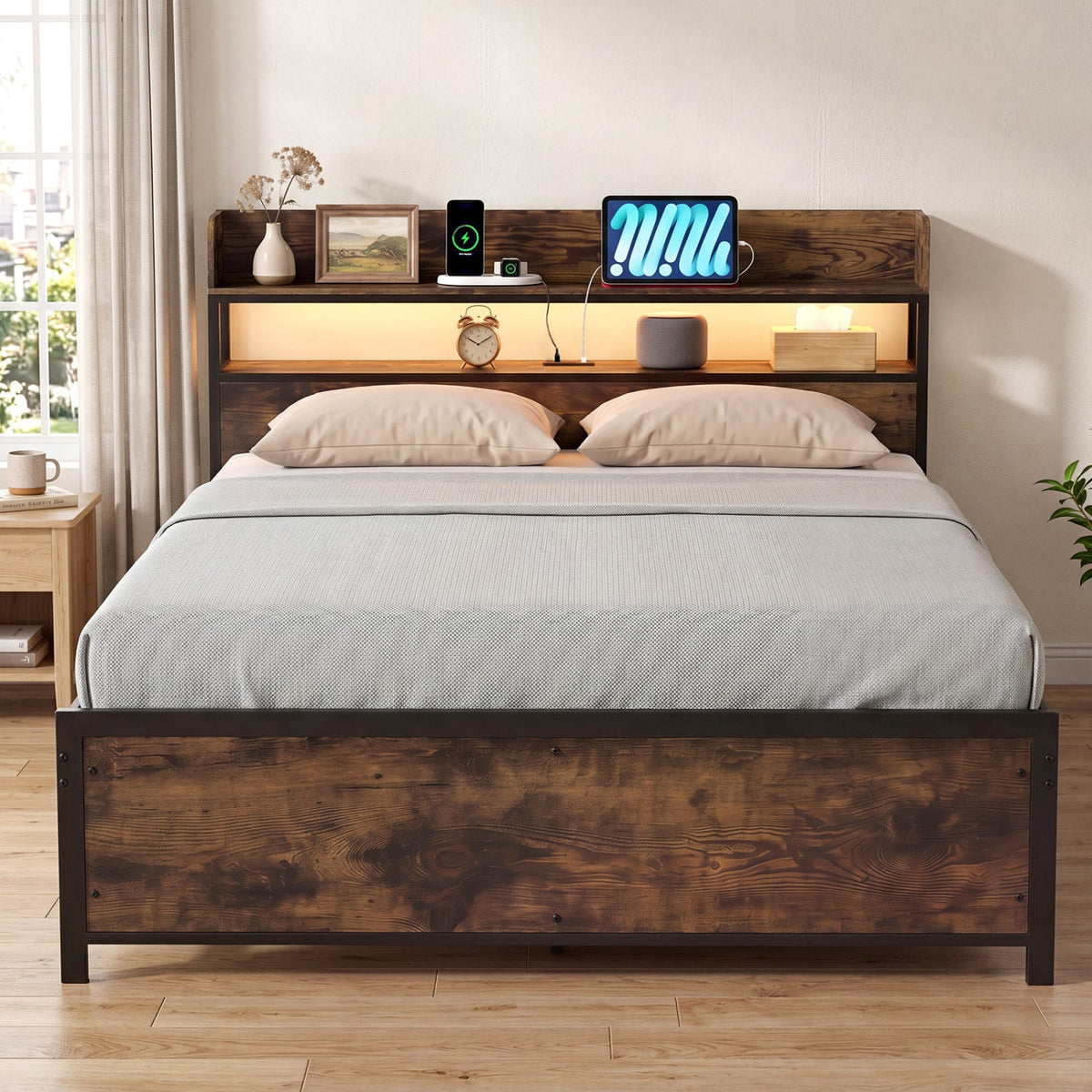 LED Bed Frame with Power Outlets and Storage Headboard-Queen Size