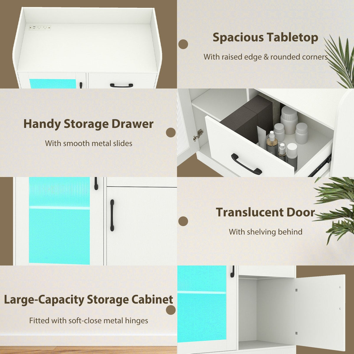 LED Buffet Sideboard with Charging Station with Drawer and Translucent Fluted Door-White