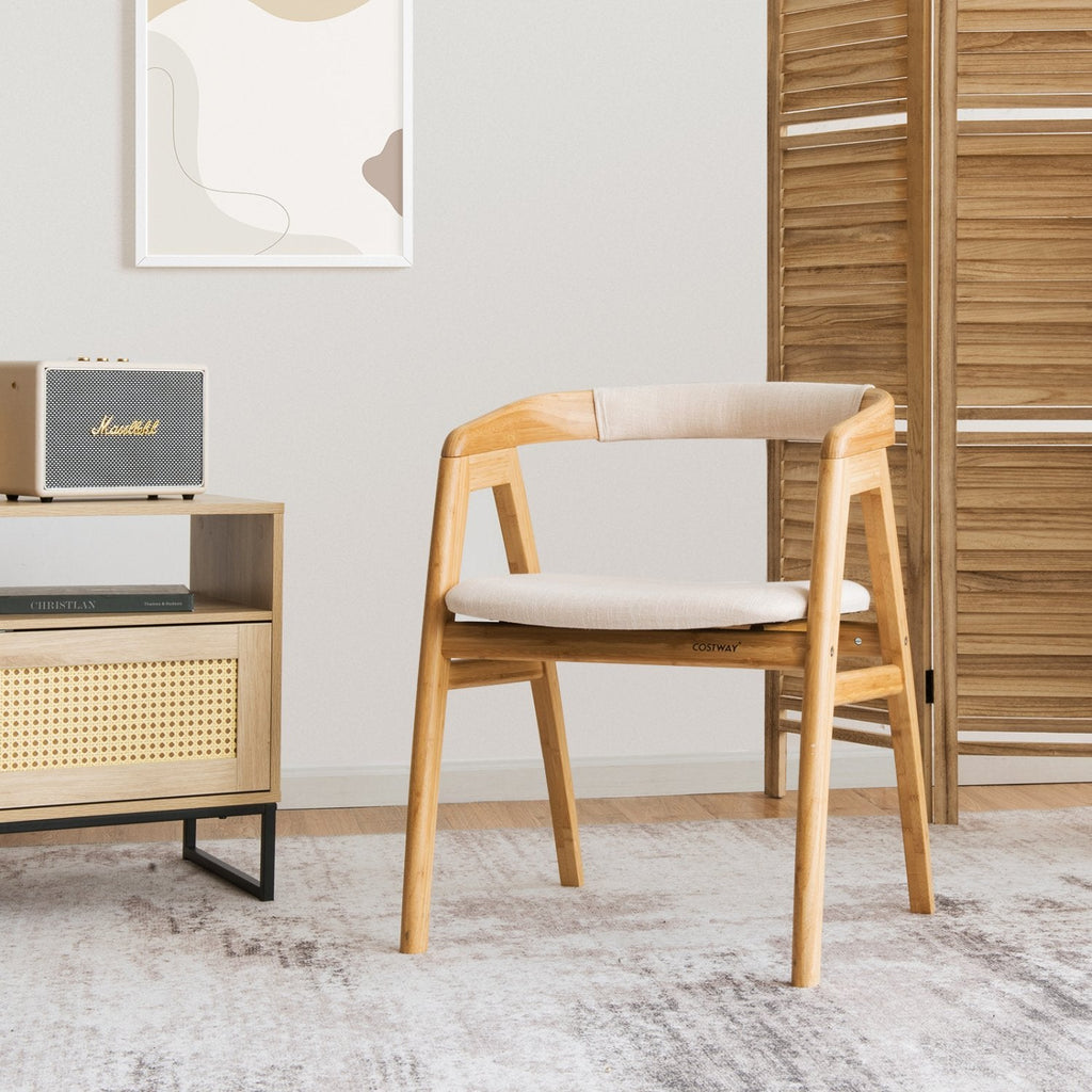 Bamboo Dining Armchair with Curved Back, Beige Polyester Cushion and A Frame Legs, Natural