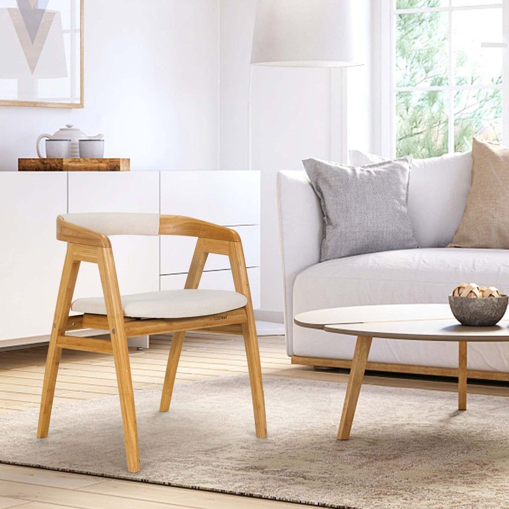 Bamboo Dining Armchair with Curved Back, Beige Polyester Cushion and A Frame Legs, Natural