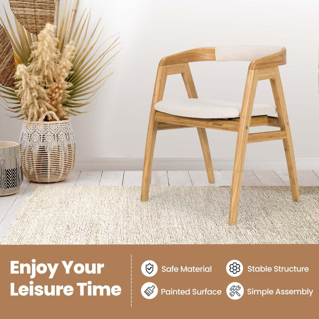 Bamboo Dining Armchair with Curved Back, Beige Polyester Cushion and A Frame Legs, Natural