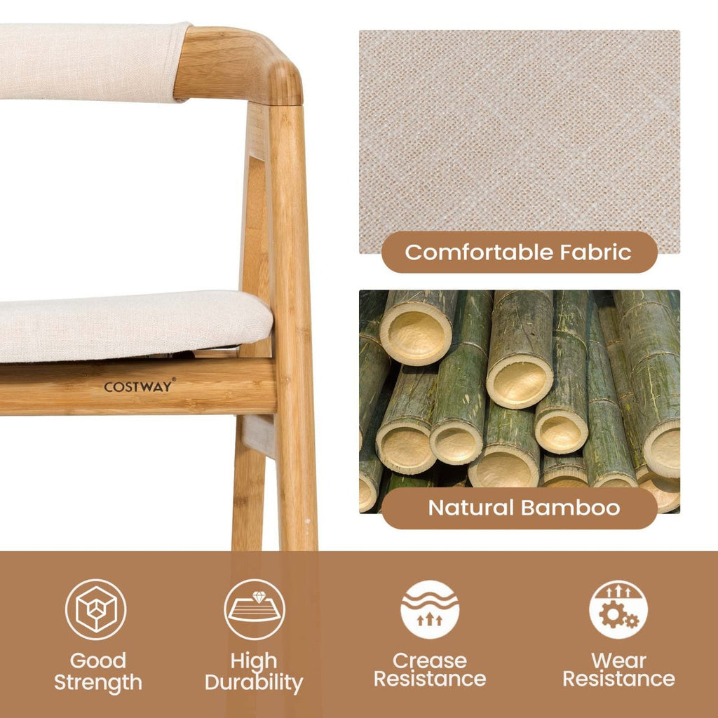 Bamboo Dining Armchair with Curved Back, Beige Polyester Cushion and A Frame Legs, Natural