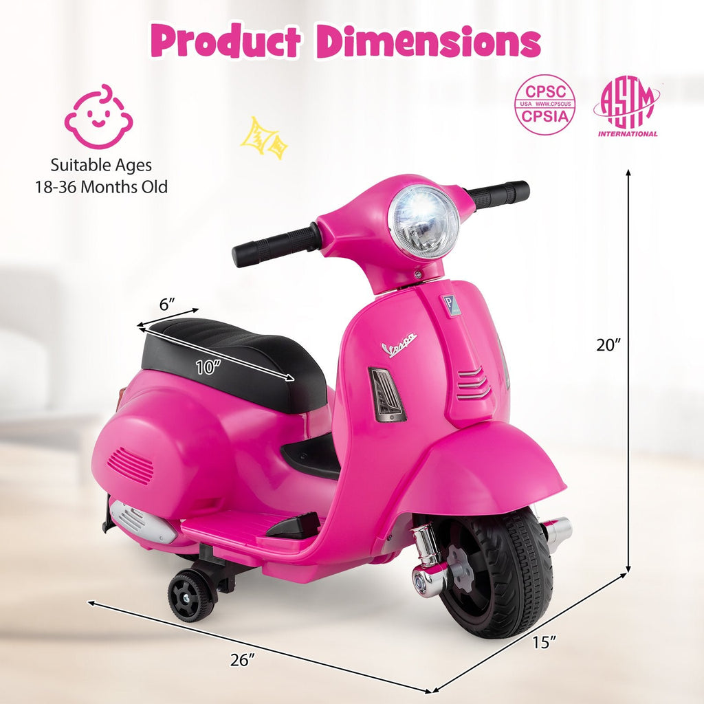6V Licensed Vespa Kids Ride On Scooter with LED Headlight and Horn Sound, Pink