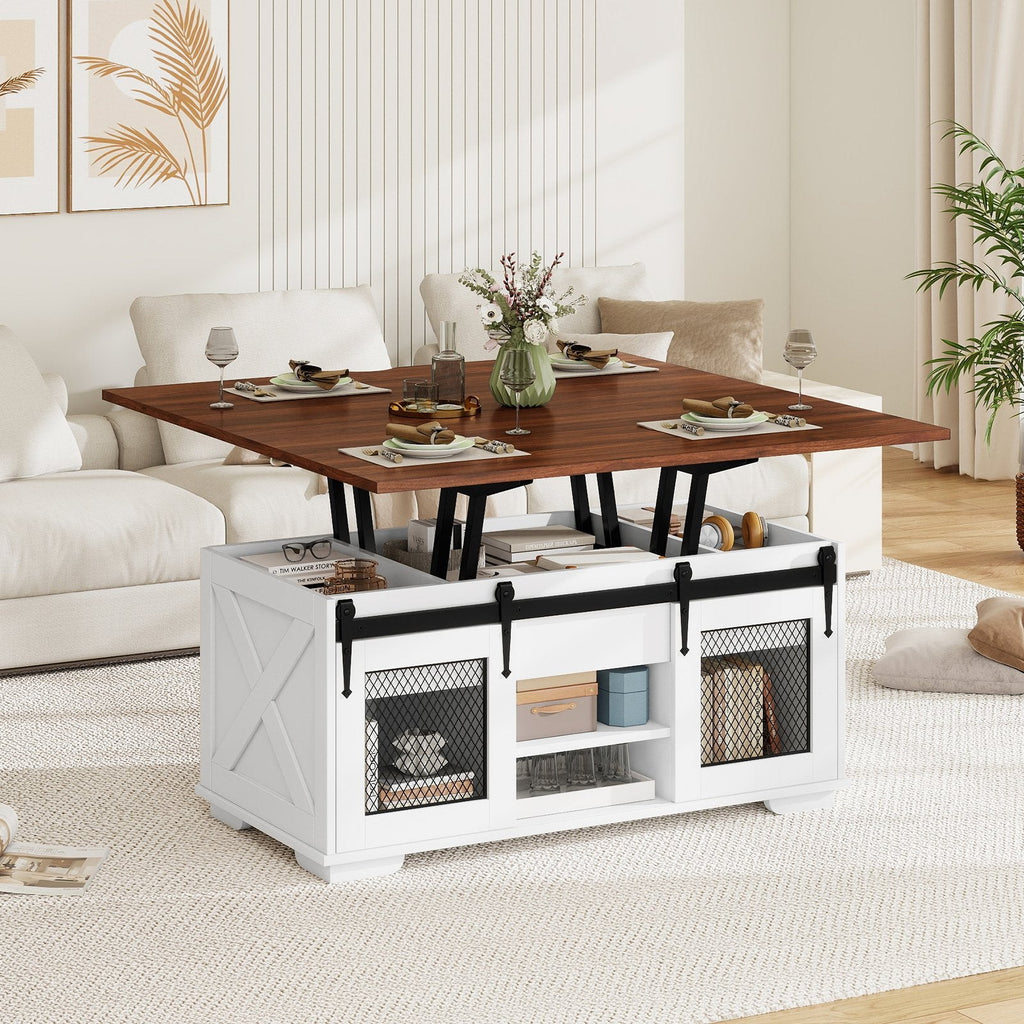Lift Top Coffee Table with 2 Sliding Barn Doors-Walnut