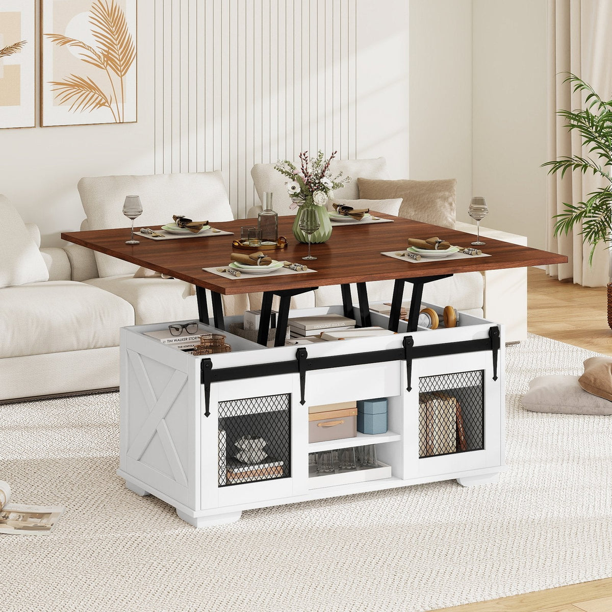 Lift Top Coffee Table with 2 Sliding Barn Doors-Walnut