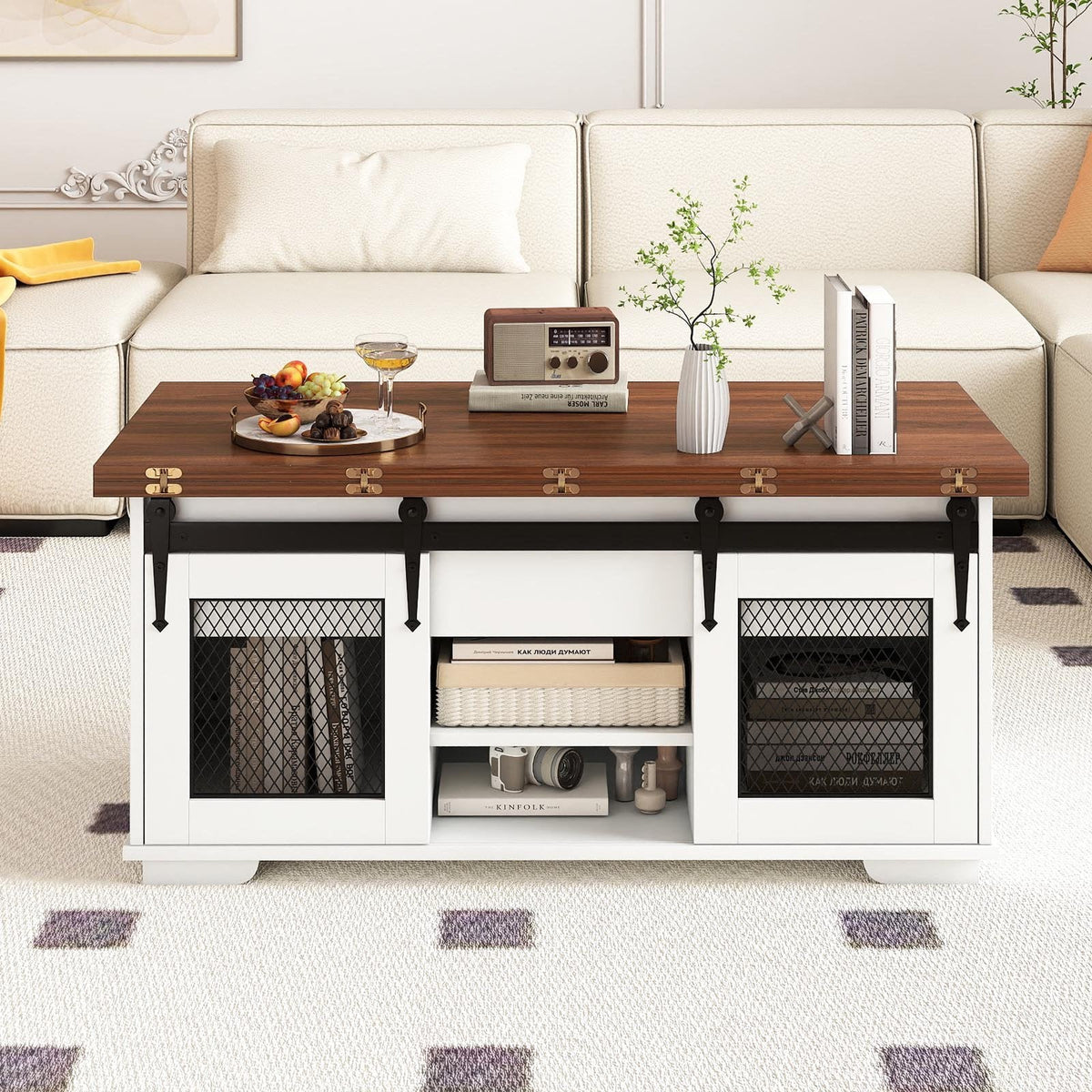 Lift Top Coffee Table with 2 Sliding Barn Doors-Walnut