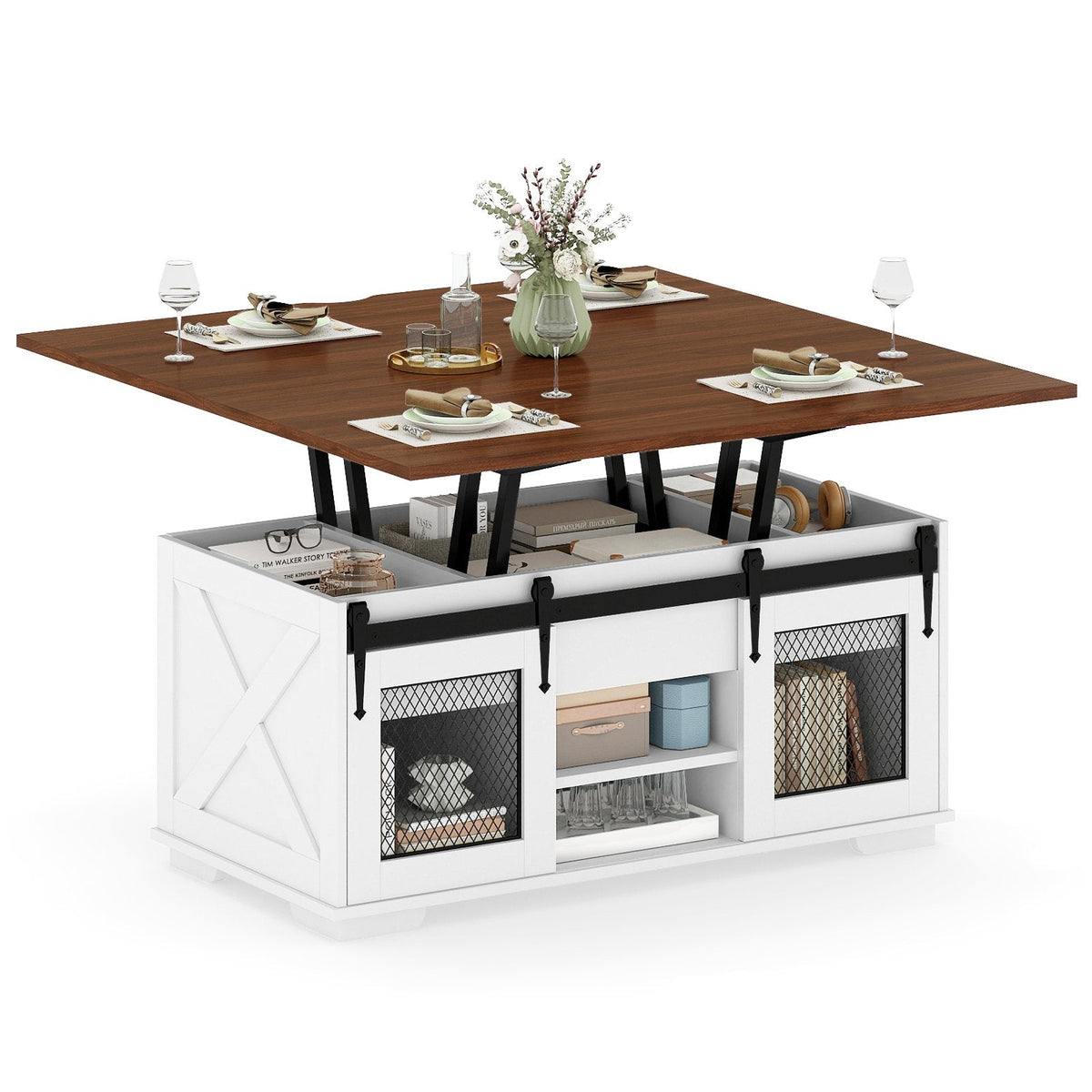 Lift Top Coffee Table with 2 Sliding Barn Doors-Walnut