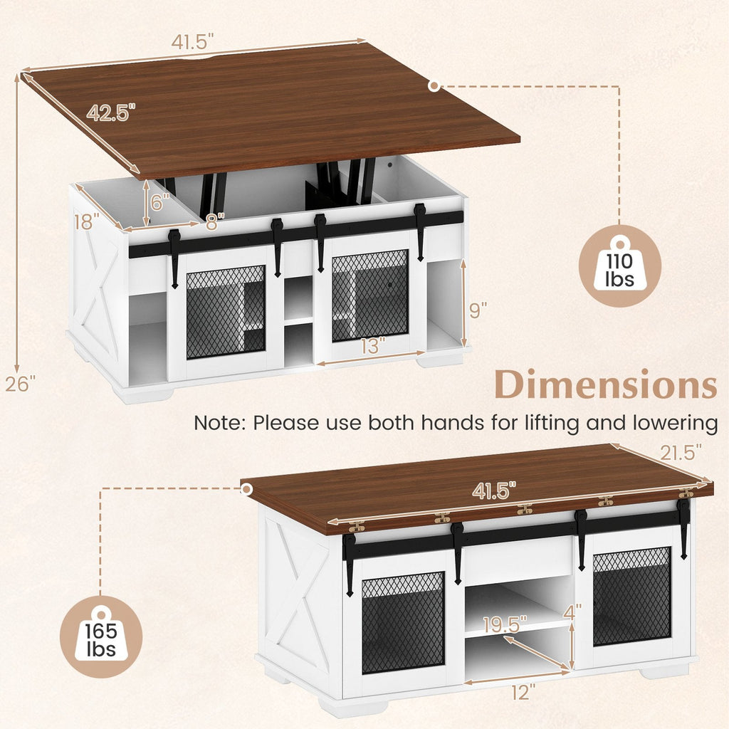 Lift Top Coffee Table with 2 Sliding Barn Doors-Walnut