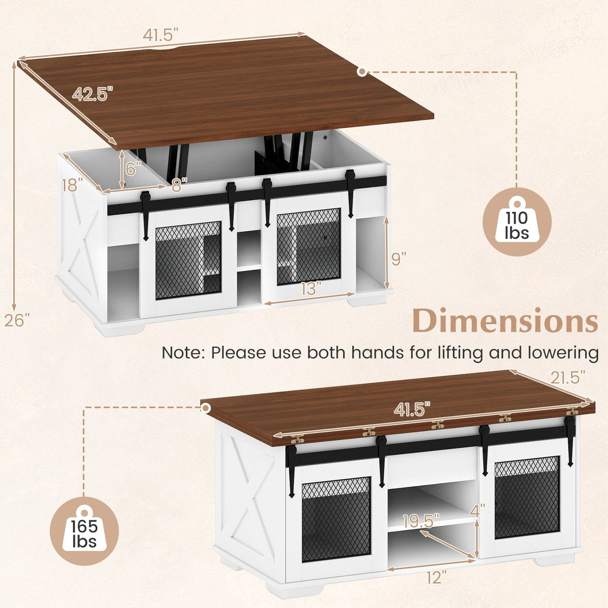 Lift Top Coffee Table with 2 Sliding Barn Doors-Walnut