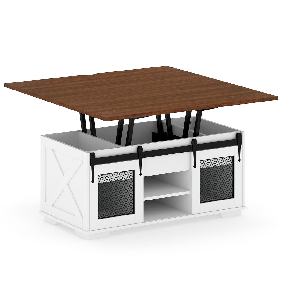 Lift Top Coffee Table with 2 Sliding Barn Doors-Walnut