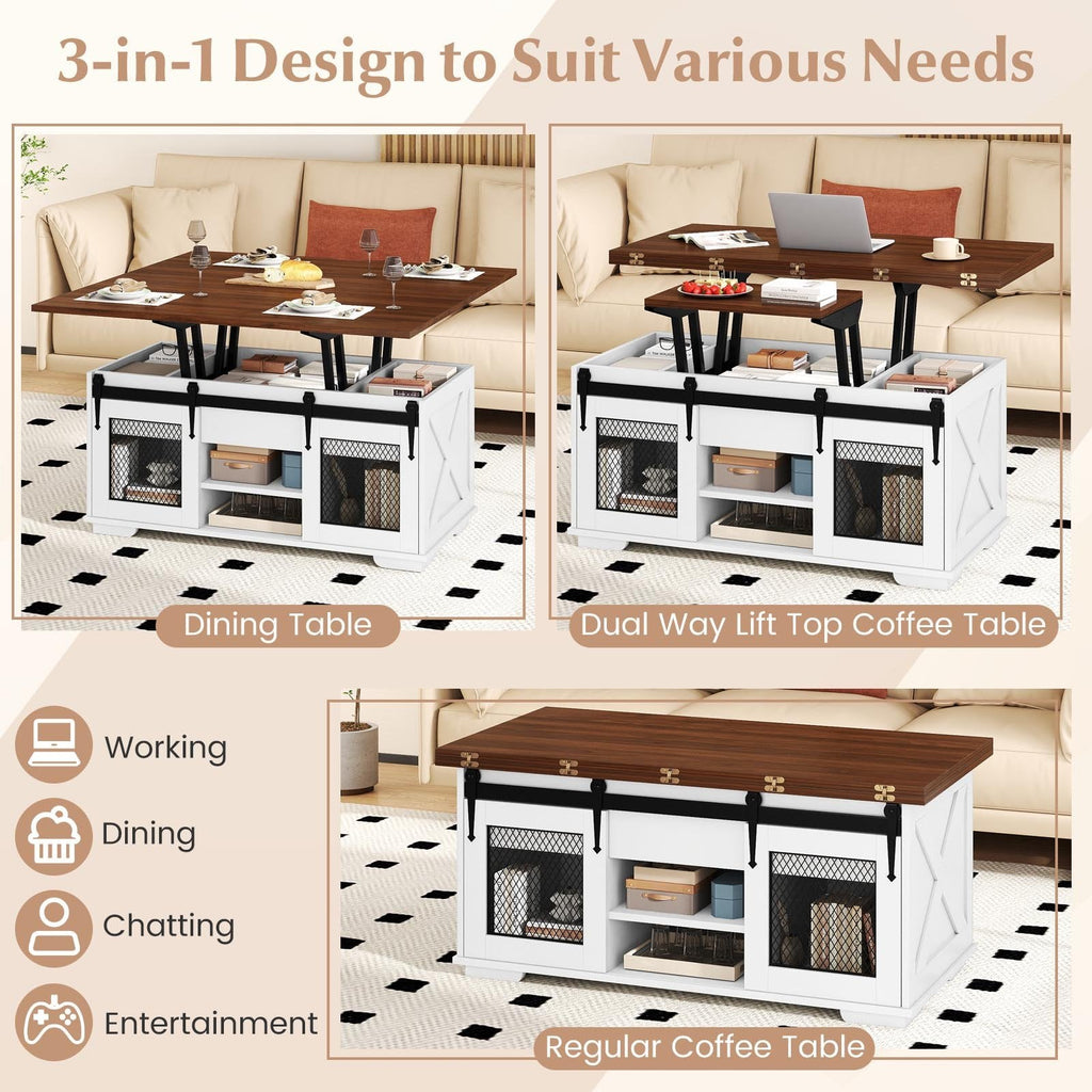 Lift Top Coffee Table with 2 Sliding Barn Doors-Walnut