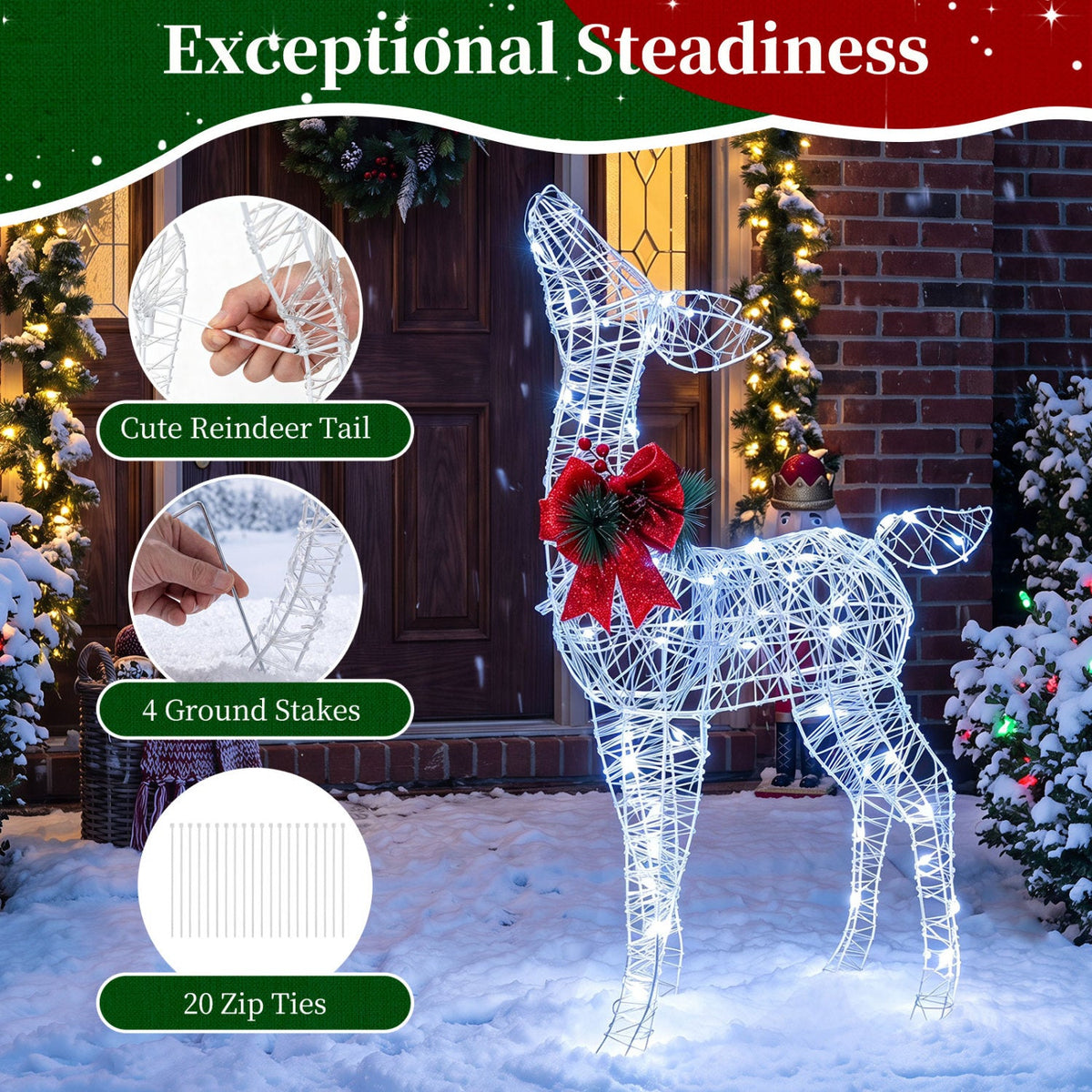 Lighted Christmas Deer Decorations with Cold White LED Lights-White