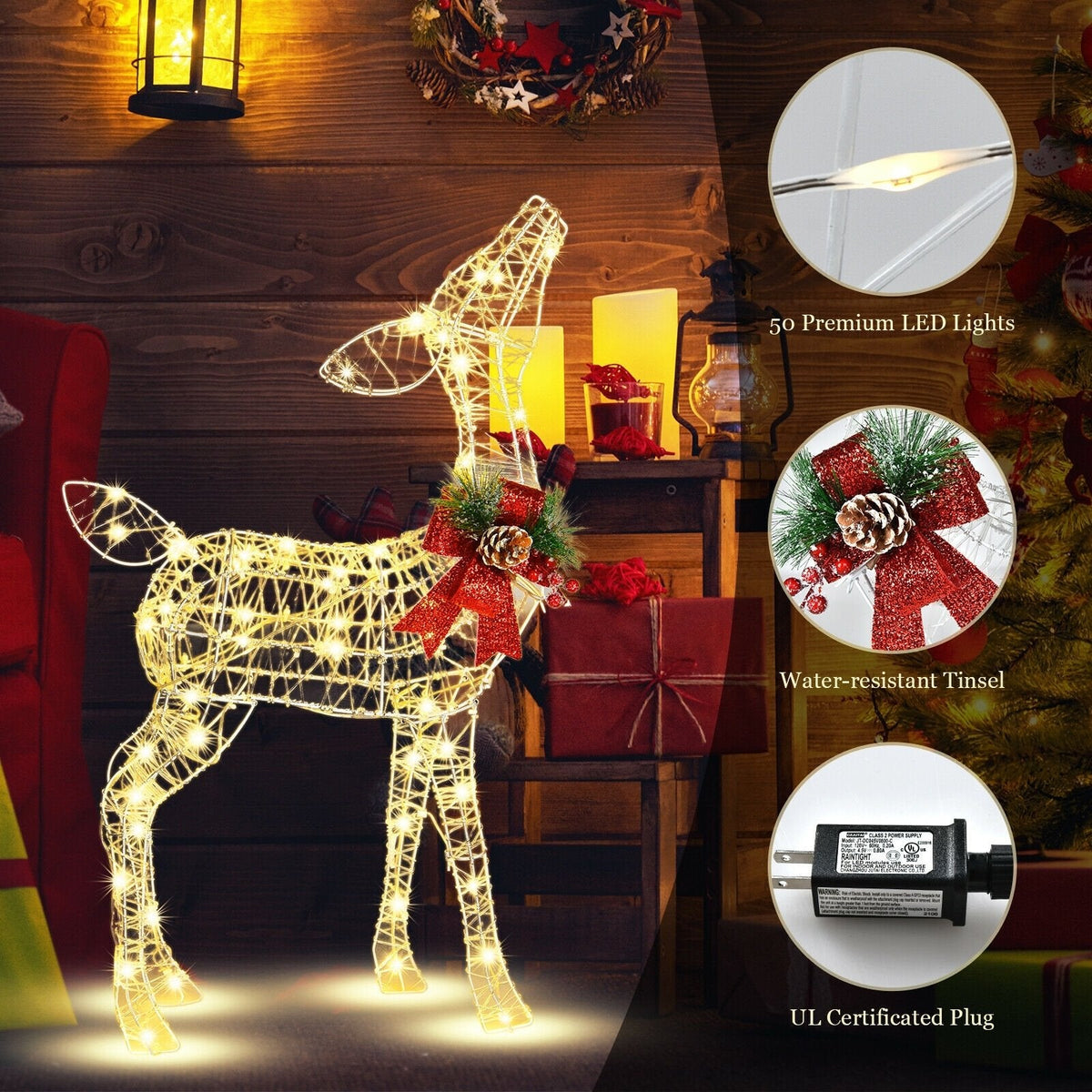 Lighted Christmas Reindeer Decorations with 50 LED Lights for Outdoor Yard