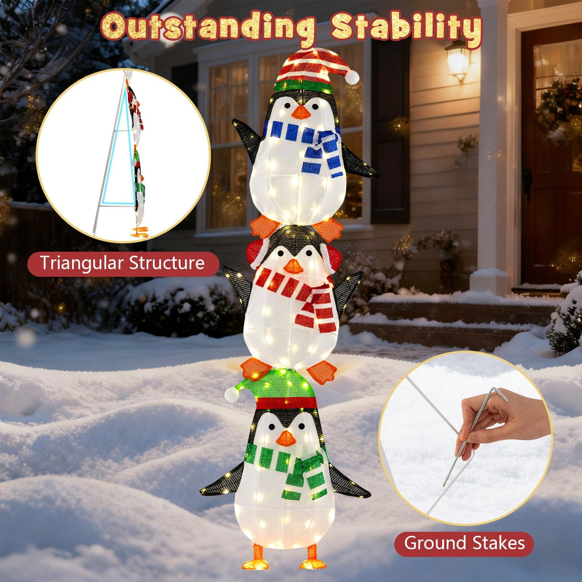 Lighted Penguins Decoration with Warm White Lights and Cute Hats