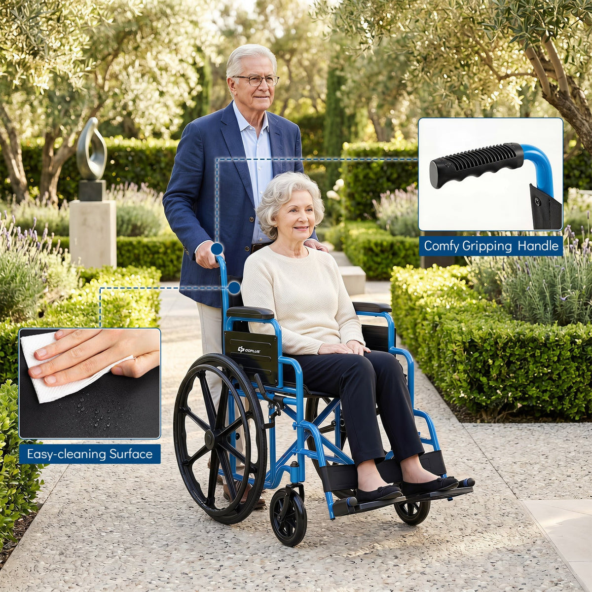 Lightweight Folding Wheelchair for Adults with Swing-Away Footrest and Desk Arm-Navy