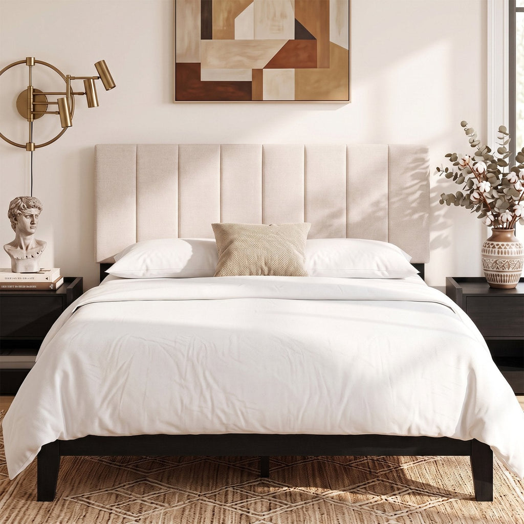 Linen Upholstered Headboard with Solid Wood Legs and Adjustable Width-Beige