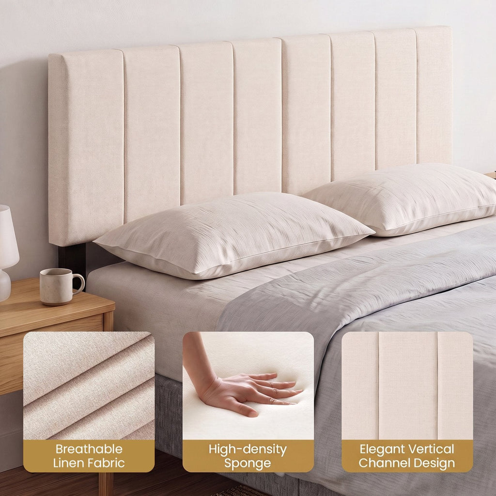 Linen Upholstered Headboard with Solid Wood Legs and Adjustable Width-Beige