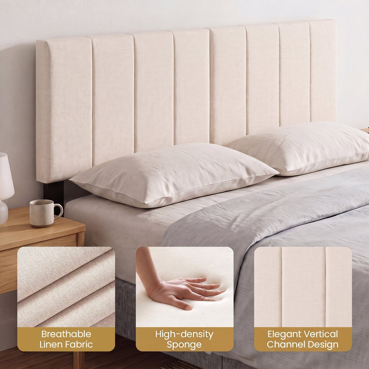 Linen Upholstered Headboard with Solid Wood Legs and Adjustable Width-Beige