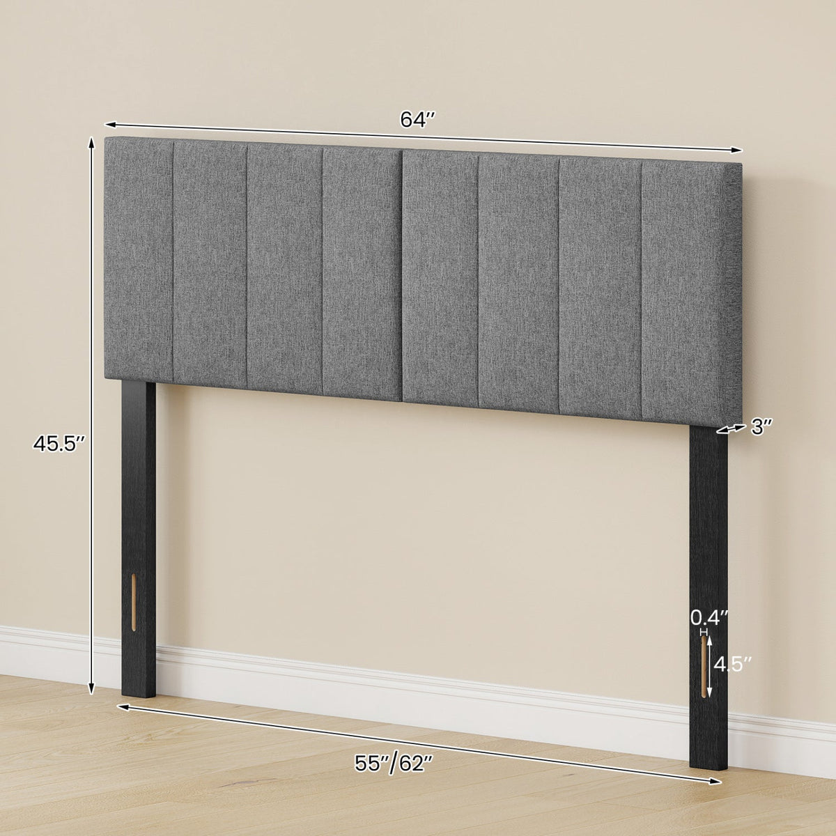 Linen Upholstered Headboard with Solid Wood Legs and Adjustable Width-Dark Gray
