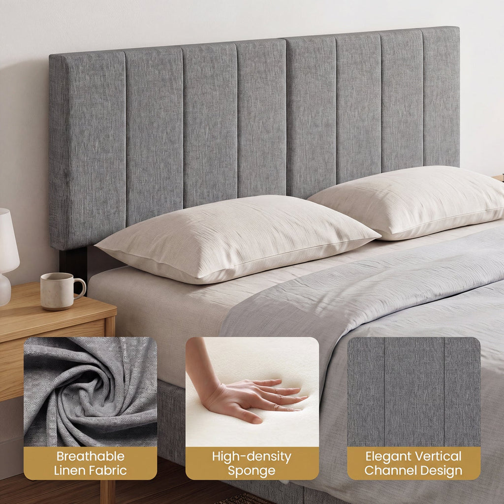 Linen Upholstered Headboard with Solid Wood Legs and Adjustable Width-Dark Gray