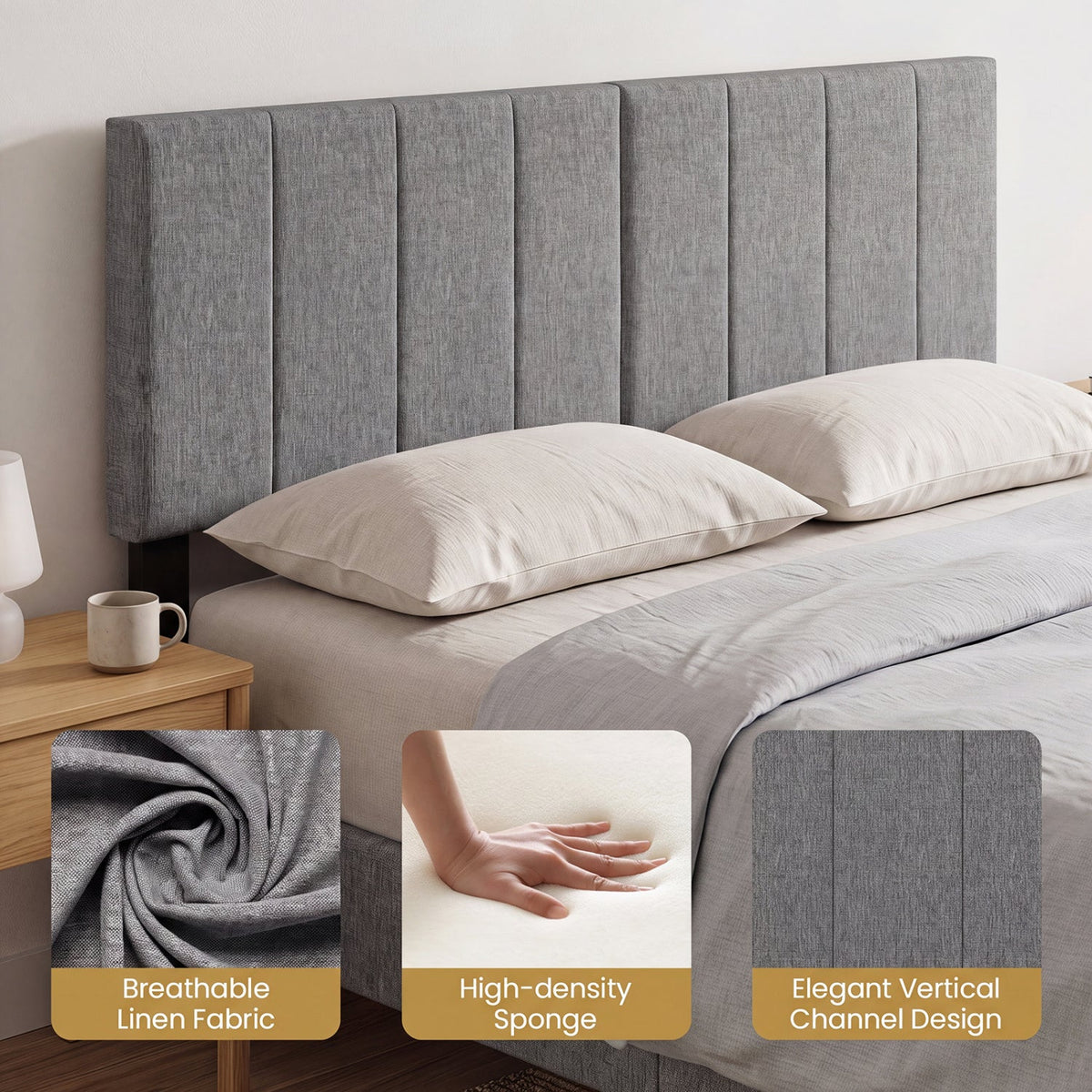 Linen Upholstered Headboard with Solid Wood Legs and Adjustable Width-Dark Gray