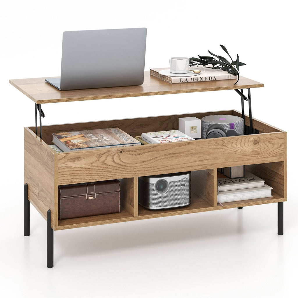 Lift Top Coffee Table with Hidden Compartment and 3 Open Cubbies, Natural Wood Grain