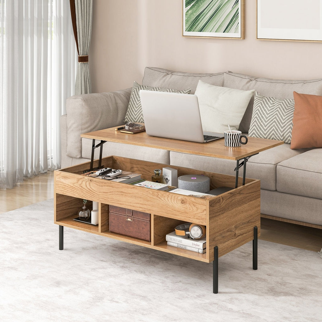 Lift Top Coffee Table with Hidden Compartment and 3 Open Cubbies, Natural Wood Grain