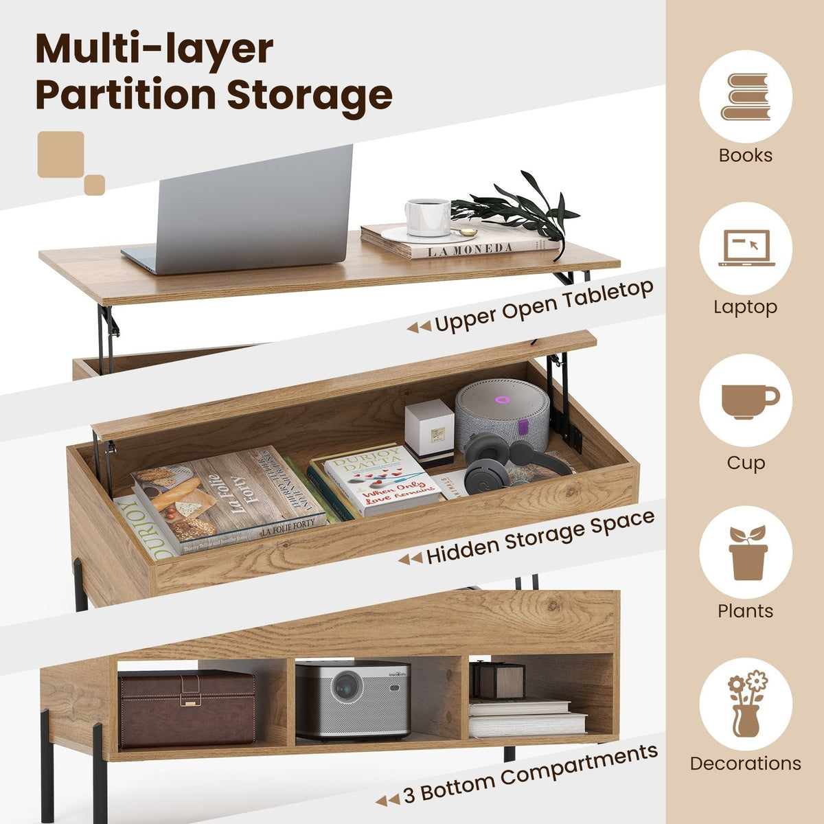 Lift Top Coffee Table with Hidden Compartment and 3 Open Cubbies, Natural Wood Grain