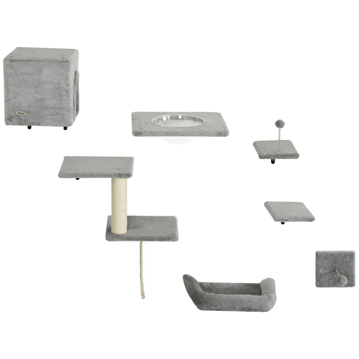 Cat Wall Shelves Set of 7, Shelves and Perches with House, Sisal Post Ladder, Bed & Ball, Grey