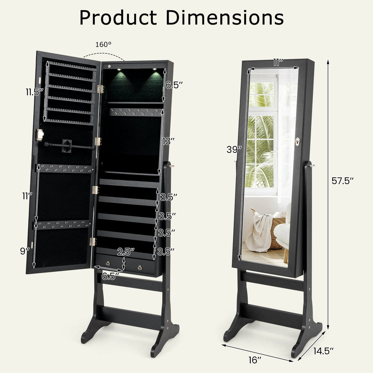 Lockable Freestanding Jewelry Cabinet Armoire with Full-Length Mirror and Lights-Black