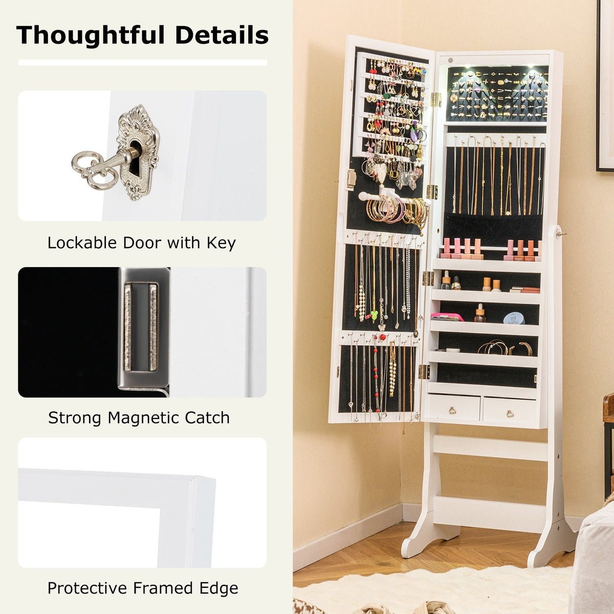Lockable Freestanding Jewelry Cabinet Armoire with Full-Length Mirror and Lights-White