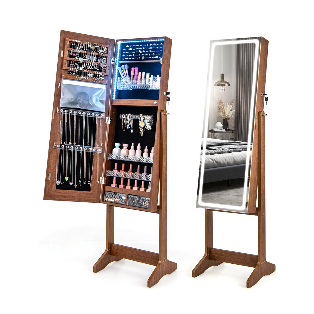 Lockable Jewelry Armoire Standing Cabinet with Lighted Full-Length Mirror-Walnut