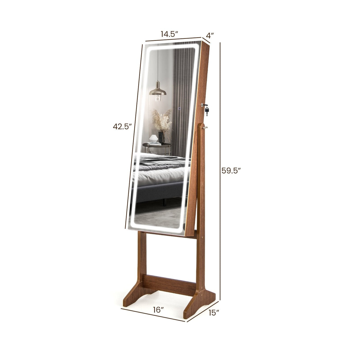 Lockable Jewelry Armoire Standing Cabinet with Lighted Full-Length Mirror-Walnut