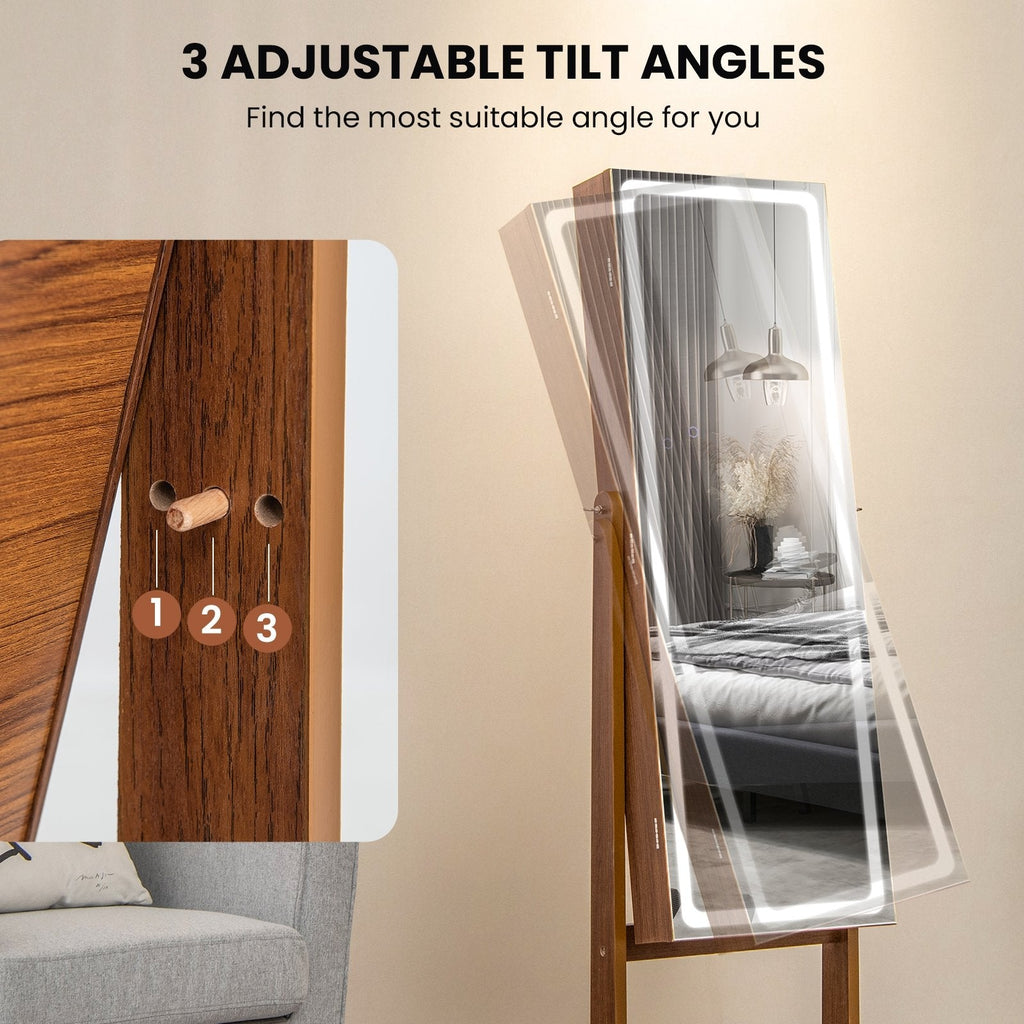 Lockable Jewelry Armoire Standing Cabinet with Lighted Full-Length Mirror-Walnut