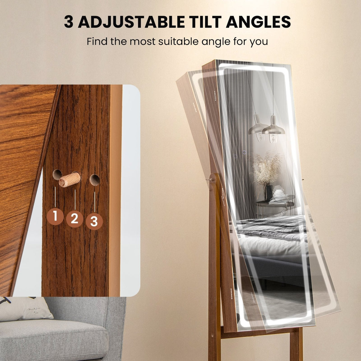 Lockable Jewelry Armoire Standing Cabinet with Lighted Full-Length Mirror-Walnut