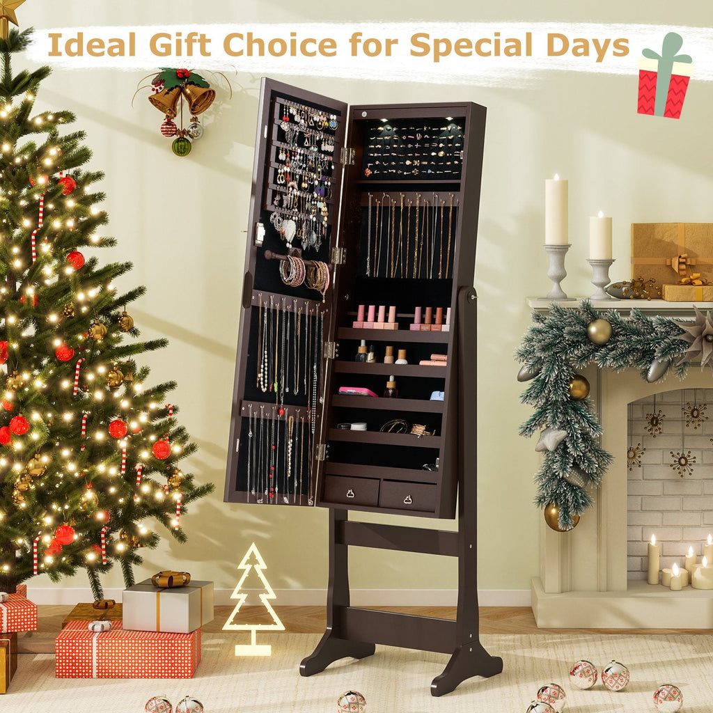 Lockable Mirrored Jewelry Cabinet with Stand and Led Lights-Brown