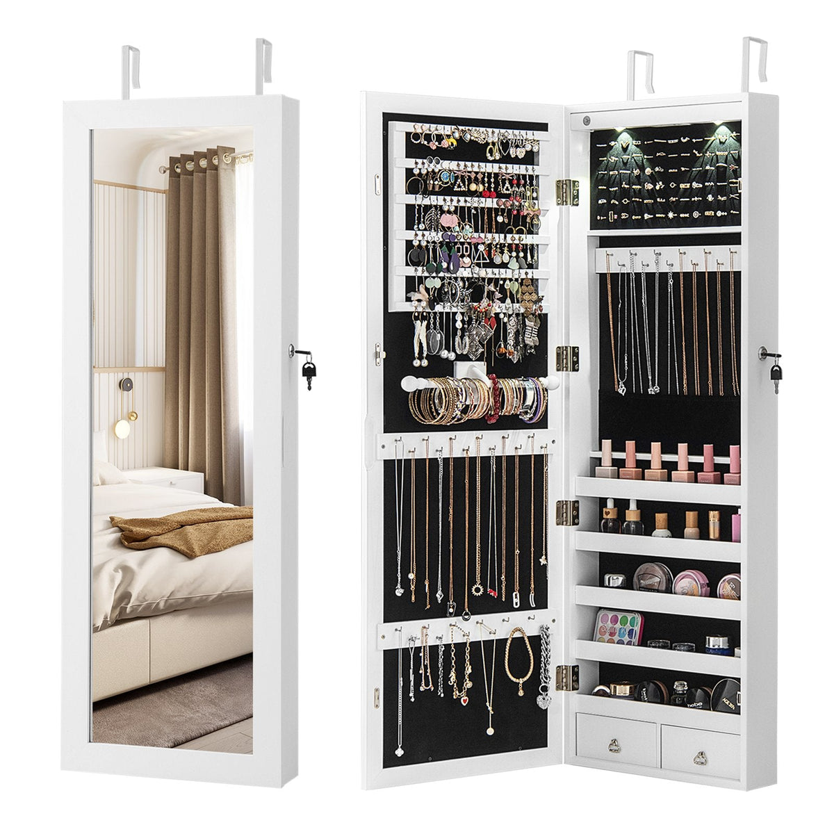Lockable Wall Mount Mirrored Jewelry Cabinet with LED Lights-White