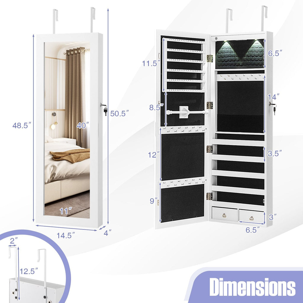 Lockable Wall Mount Mirrored Jewelry Cabinet with LED Lights-White