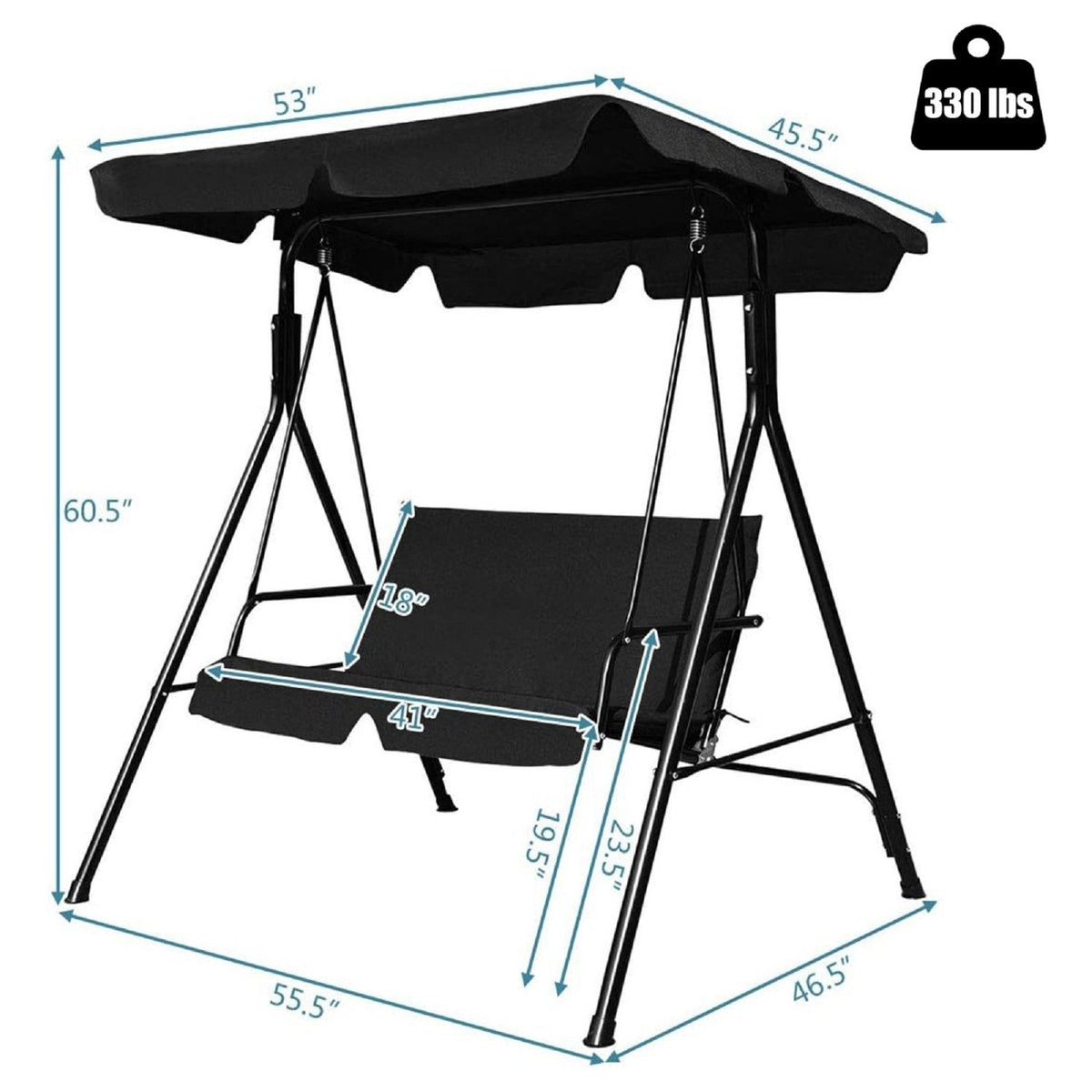 Loveseat Cushioned Patio Steel Frame Swing Glider -Black