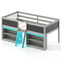 Twin Low Loft Bed with LED Lights, 2 Bookcases and 4 Chalkboards, Grey