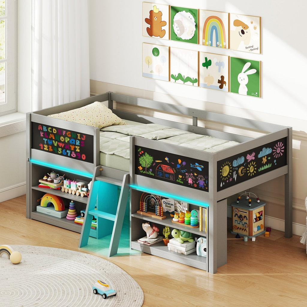 Twin Low Loft Bed with LED Lights, 2 Bookcases and 4 Chalkboards, Grey