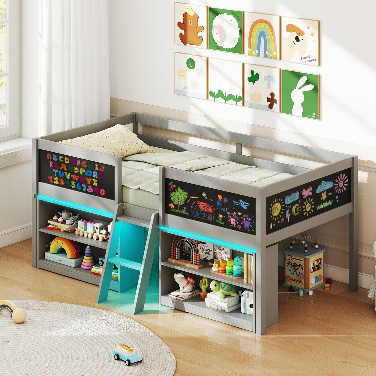 Twin Low Loft Bed with LED Lights, 2 Bookcases and 4 Chalkboards, Grey